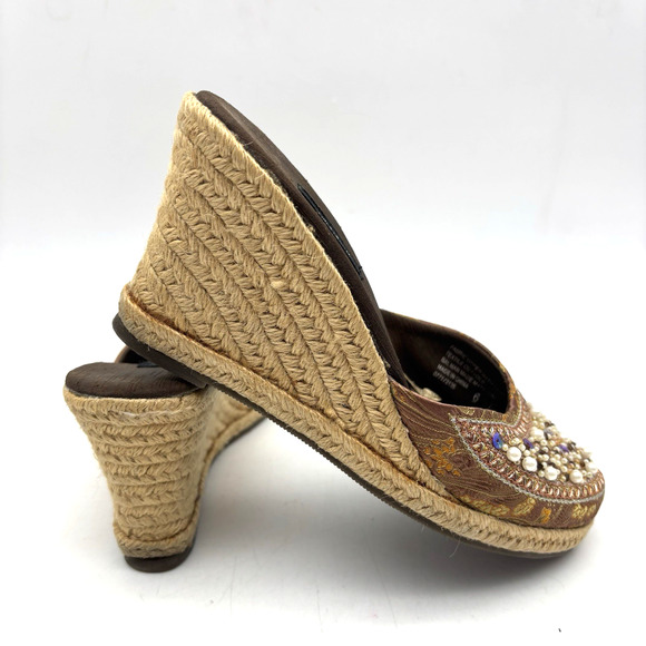 Vintage 90s Y2K Xhilaration Brown Satin Beaded Sequin Espadrille Wedge Heels 6 - Picture 11 of 16